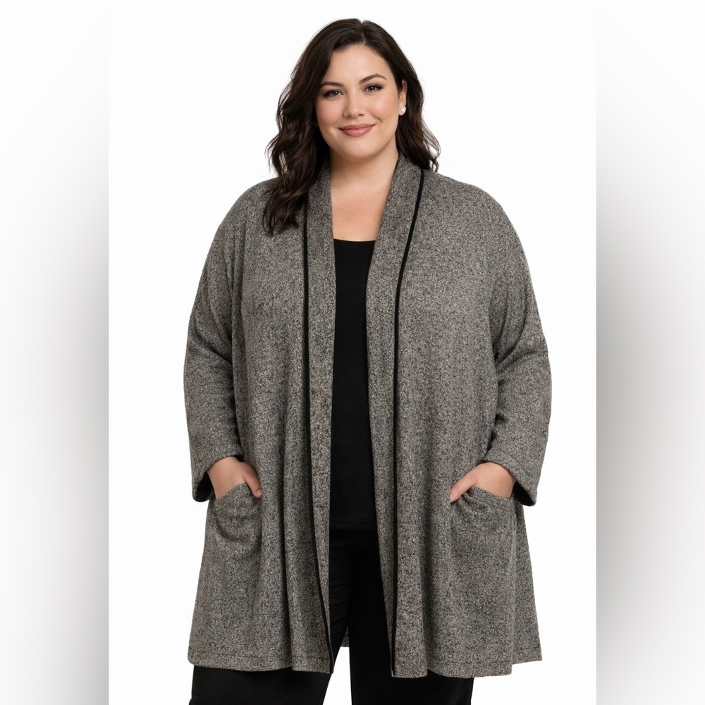 Peter Nygard Cardigan Sweater 2X Open Front Gray Black Long‎ Open Knit